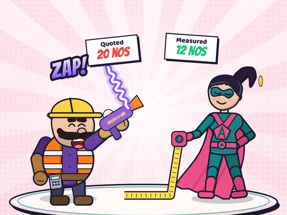 Mr. All-In zaps a quote from 12 to 20 downlights with his Inflate-o-Ray while the Allure hero measures with her tape