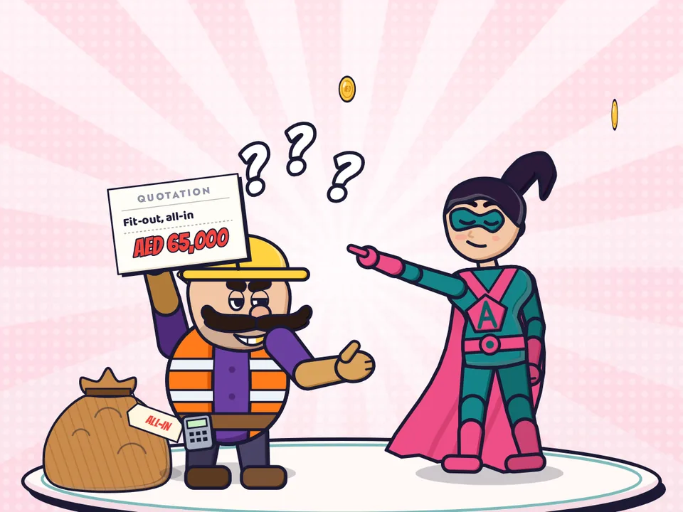 Mr. All-In holds up a one-line quote for AED 65,000 while the Allure hero points at it